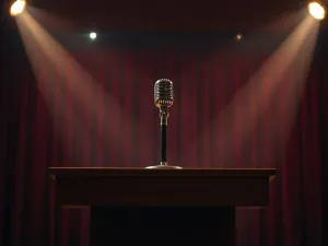 Pusta scena teatralna z czerwonymi kurtynami i parą butów do stepowania w świetle reflektora, symbolizująca magię musicalu.