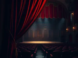 Puste, oświetlone punktowo podium teatralne z rekwizytami, symbolizujące samotność i trud pracy artysty scenicznego.