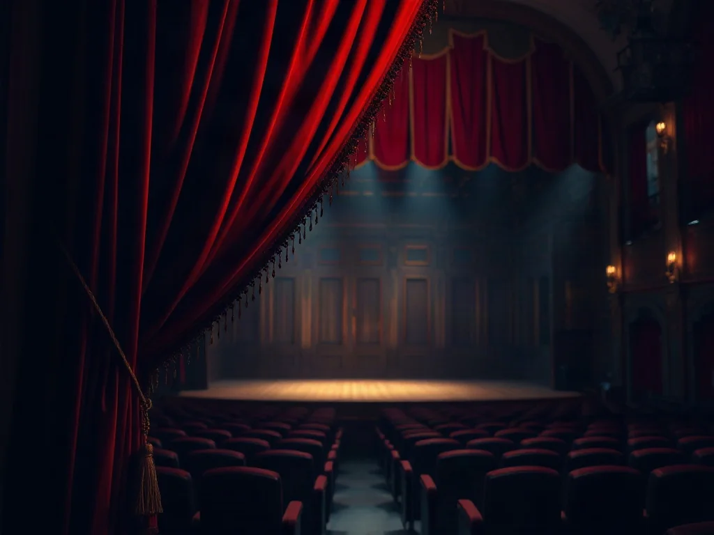 Pusta scena historycznego teatru oświetlona punktowym światłem, symbolizująca miejsce manipulacji i teatralnej propagandy.