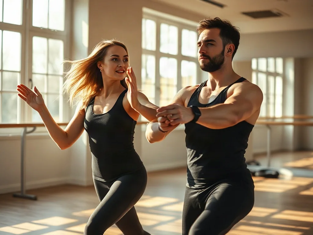 Para tancerzy wykonuje płynny układ w słonecznym studiu, łącząc elementy choreografii z improwizacją.