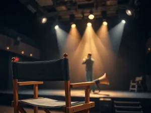 Złota ramka na bilet na aksamitnym fotelu w zabytkowym wnętrzu teatru, zapraszająca do zakupu karnetu.