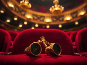 Średniowieczna scena teatralna na rynku miejskim z rekwizytami do moralitetu na tle gotyckiej katedry w świetle zachodzącego słońca.