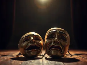 Stare maski teatralne – komedii i tragedii – leżące na drewnianej scenie w nastrojowym oświetleniu.