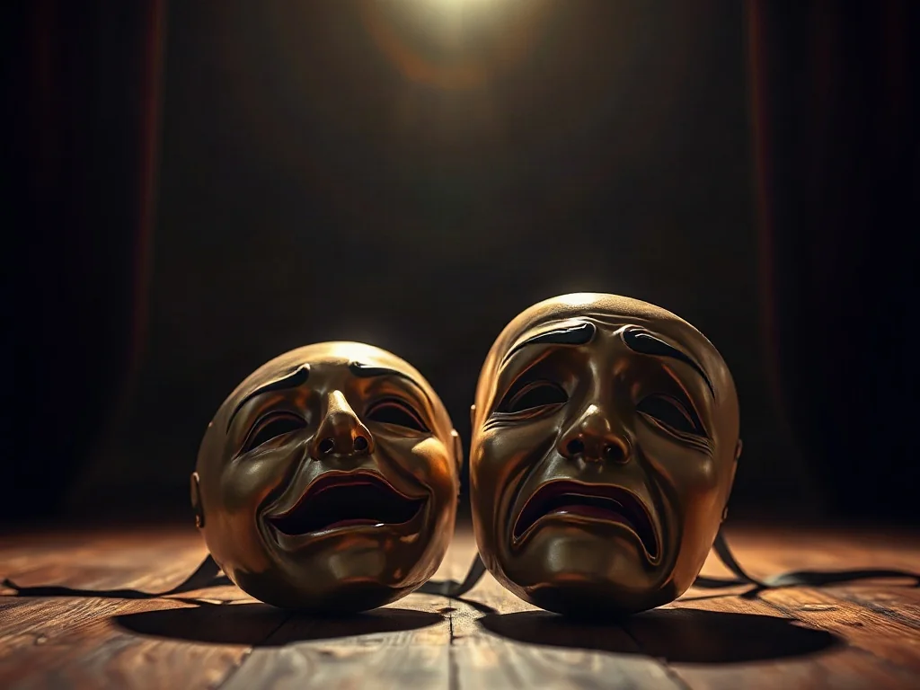 Dwie teatralne maski – radosna i zdezorientowana – leżące na drewnianej scenie w świetle reflektora.