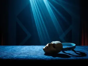 Pusta scena teatralna z oświetlonym punktowo miejscem i butami aktorskimi, symbolizująca gotowość do występu.