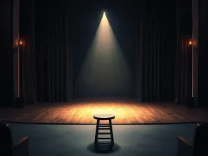 Pusta scena teatralna z samotnym krzesłem w świetle reflektora, symbolizująca miejsce pracy nad dynamiką grupy.