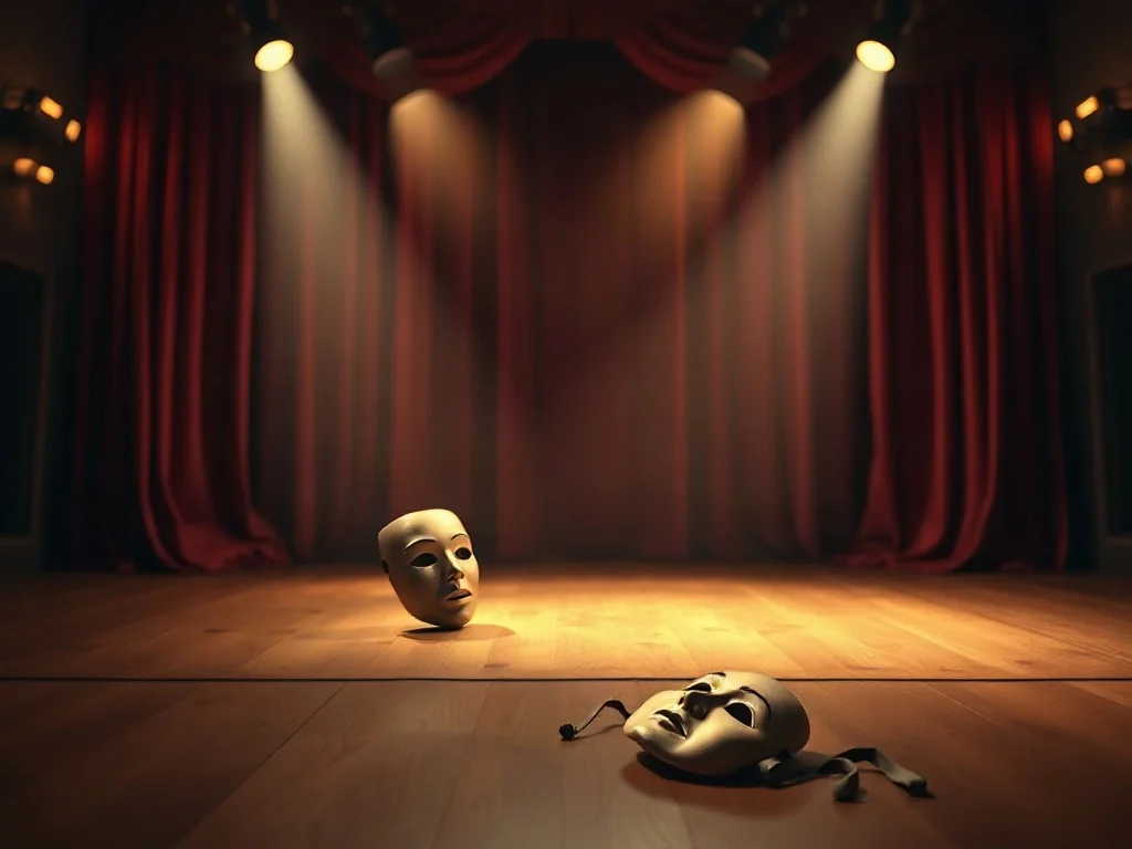 Drewniana scena teatralna z maskami i reflektorem, budująca atmosferę profesjonalnego przygotowania do spektaklu.