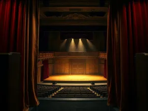 Drewniana mównica z mikrofonem na teatralnej scenie w świetle reflektorów, gotowa do wystąpienia publicznego.