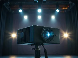 Profesjonalny reflektor sceniczny na statywie oświetlający przestrzeń teatralną z widoczną konstrukcją techniczną.