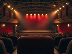 Pusta scena teatralna z czerwonymi kurtynami oraz zabytkowymi biletami i afiszami w świetle reflektora.